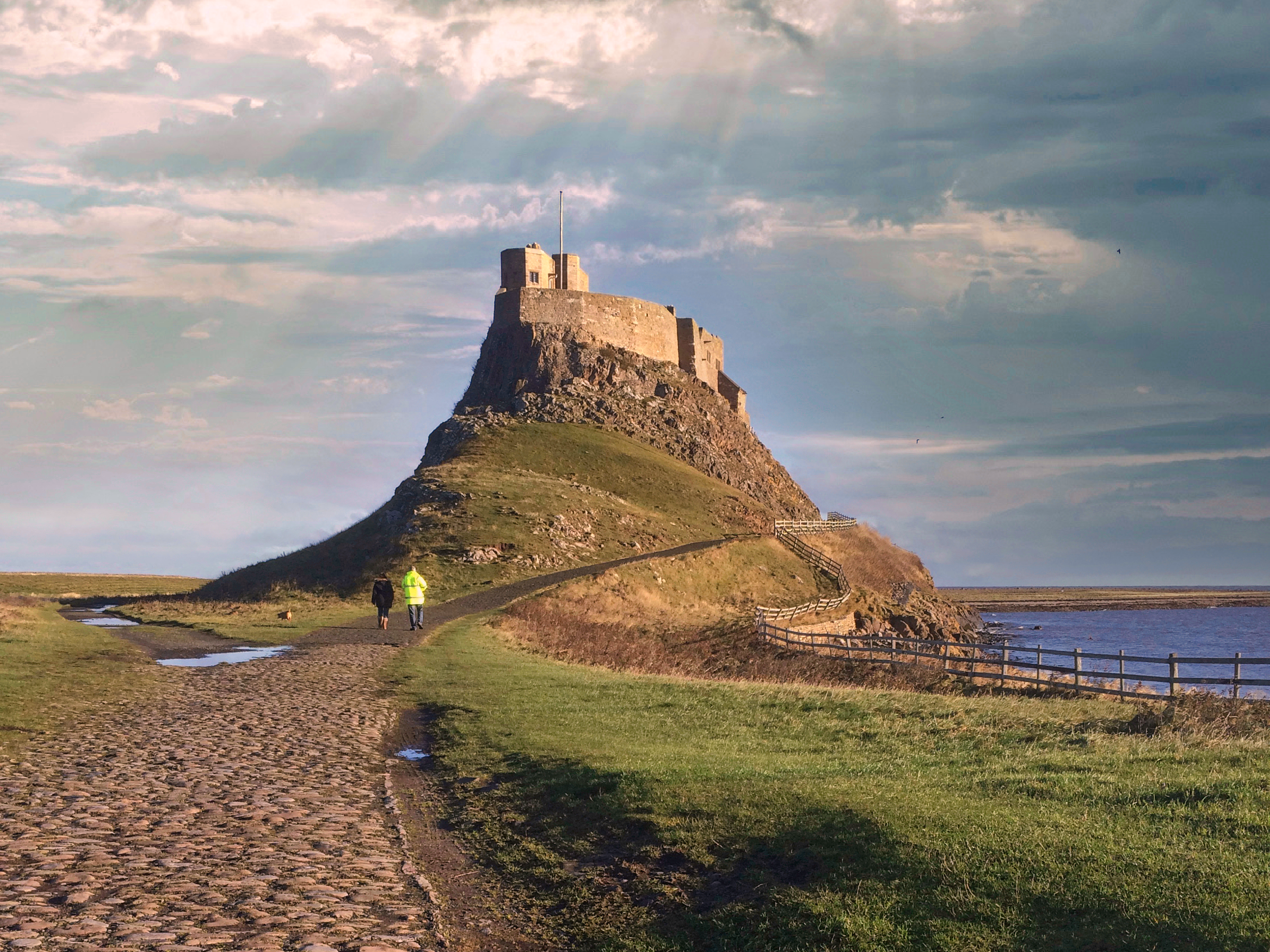 View towards Lindisfarne castle on a hill