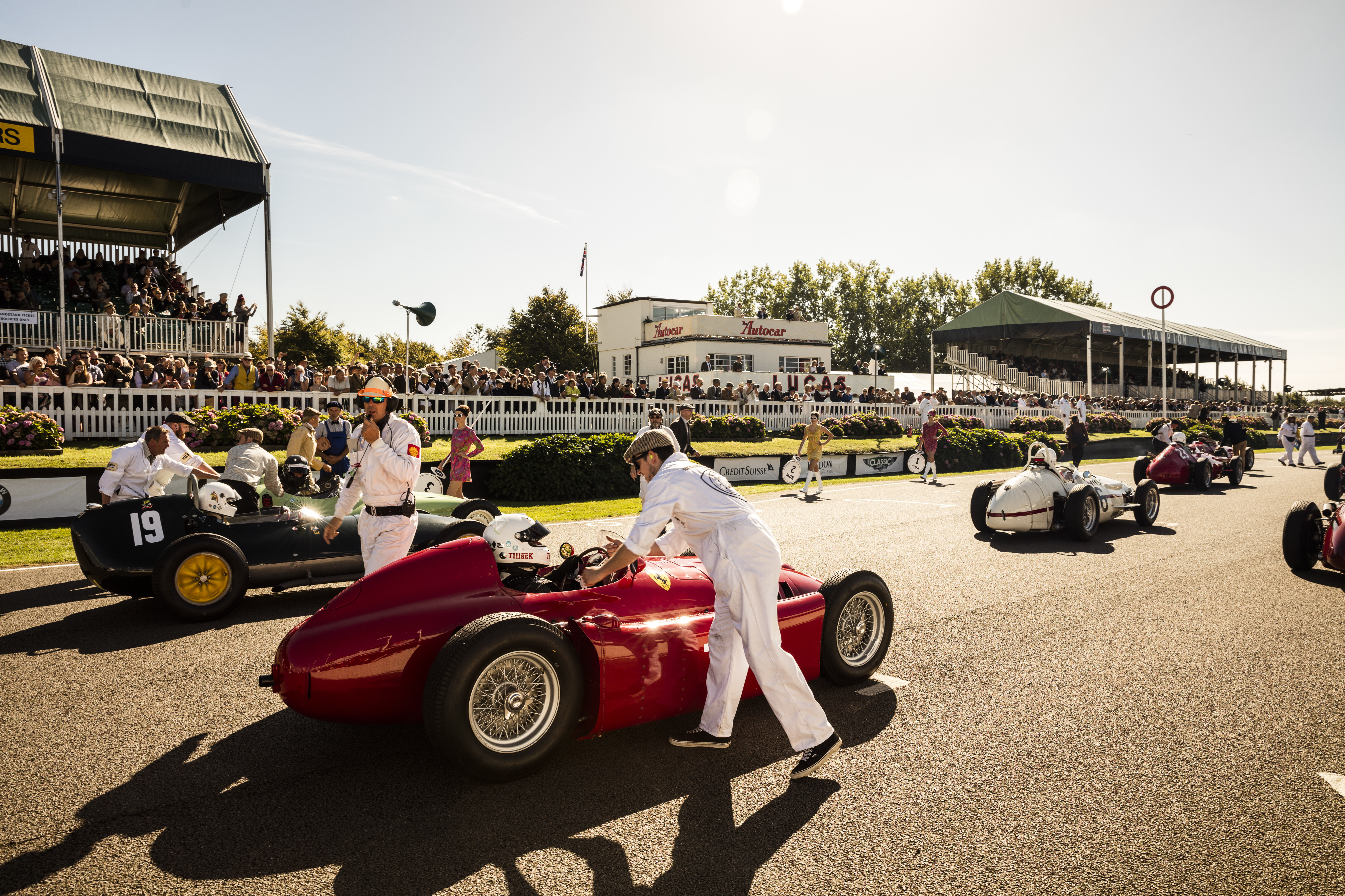 Vintage cars on the starting grid of race track