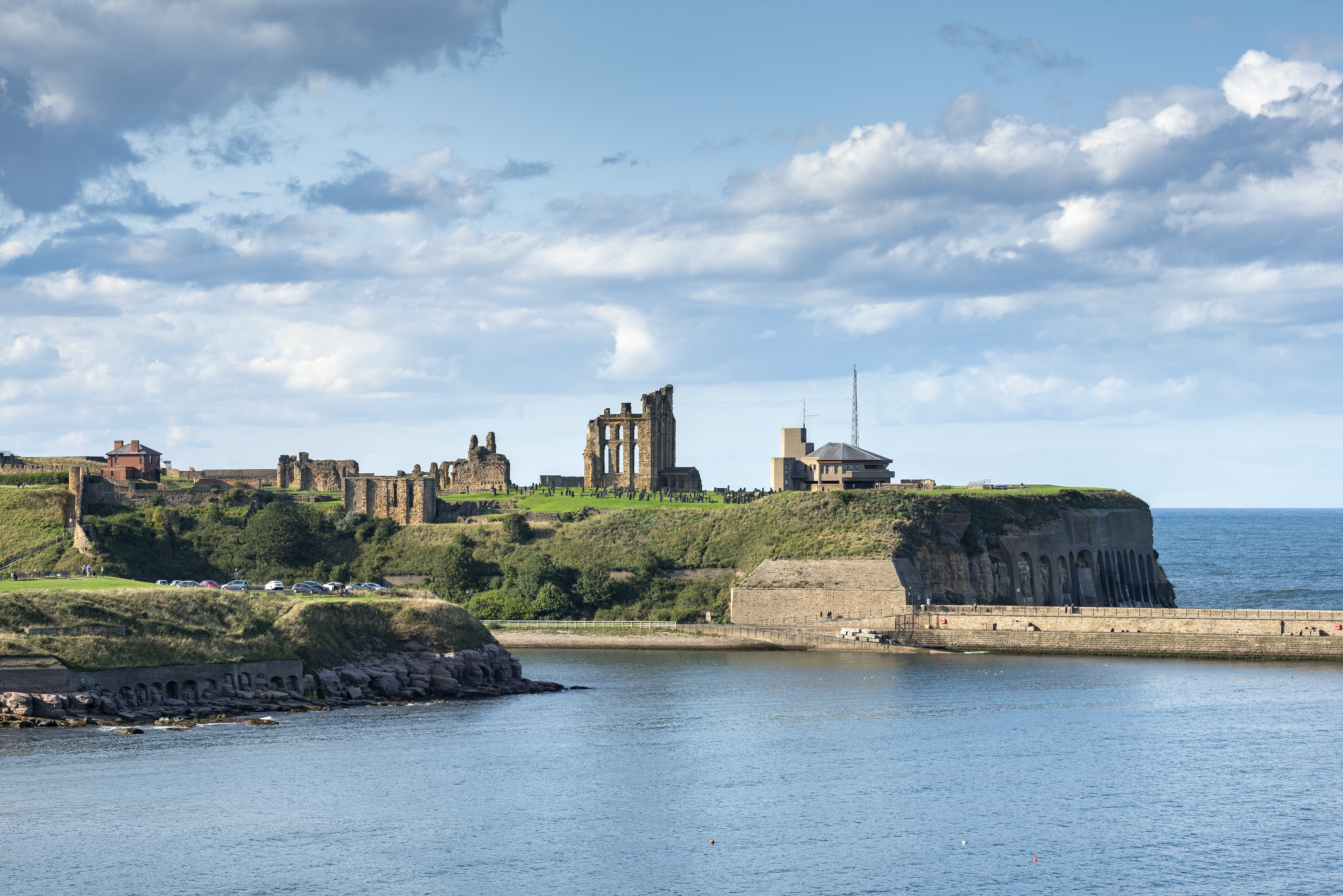 View of the Monastery of Tynemouth and coastguard station, North Sea