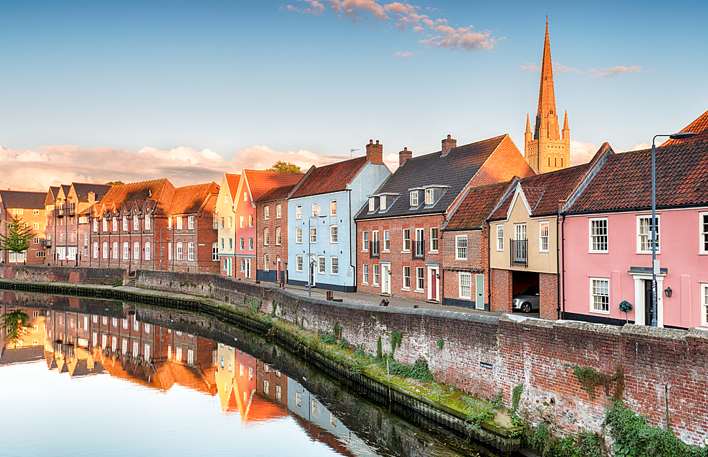 Historic houses overlooking the River Yare in Norwich, Norfolk.