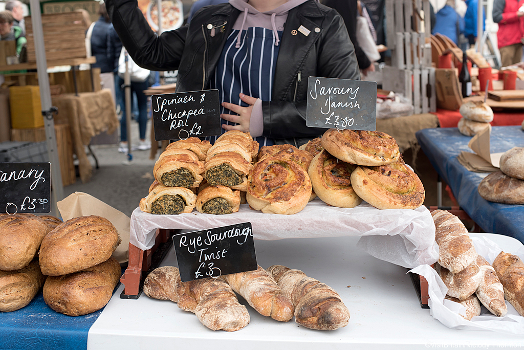 Bread and savoury pastries at Malton market
