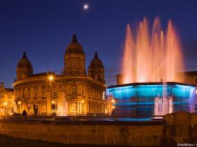 Evening view of the Queens Gardens Water Fountain and the Maritime Museum in Hull, Northeast England