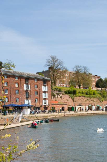 View of Exeter's Quayside with riverside restaurants