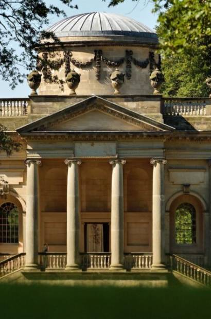 The sun shines on the Palladian chapel at Gibside