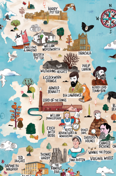 illustrated England map of famous literary figures and locations