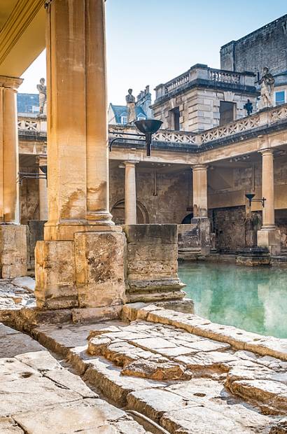 Great Bath and columns at Roman Baths, Bath, England
