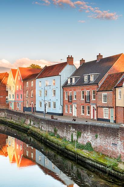A row of colourful houses in Norwich, England.