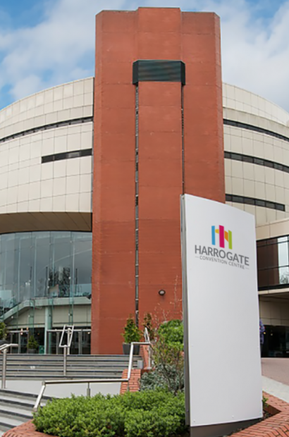Harrogate Convention Centre, exterior and entrance, back lit