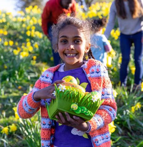 A smiling girl standing in a field of daffodil flowers in Hexham, Northumberla