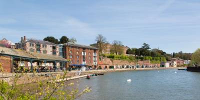 View of Exeter's Quayside with riverside restaurants