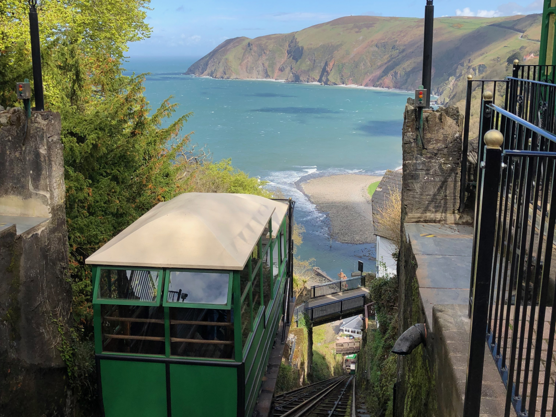 Top station of Lynmouth-Lynton Cliff Railway with views over the coast
