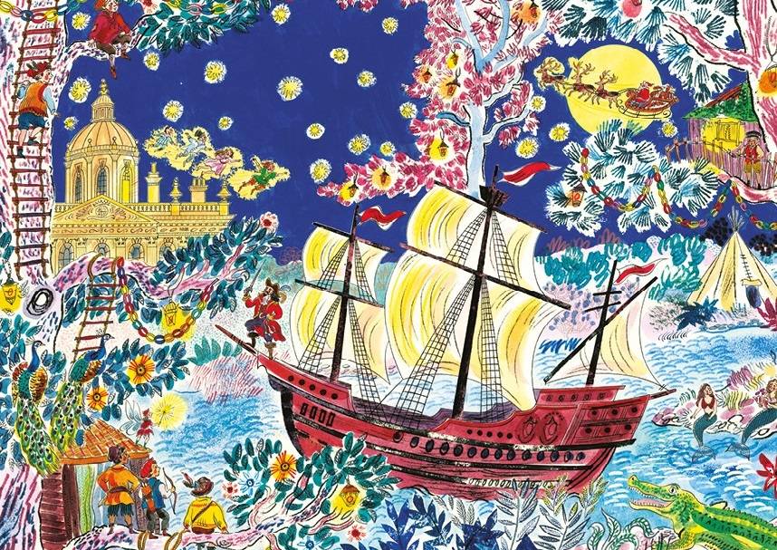 A painted mural showing a pirate ship, mermaids and forests from Peter Pan