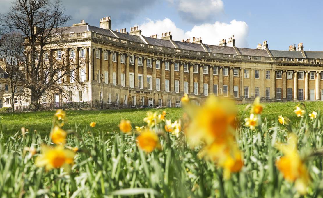 The Royal Crescent Hotel & Spa with sunflowers in foreground