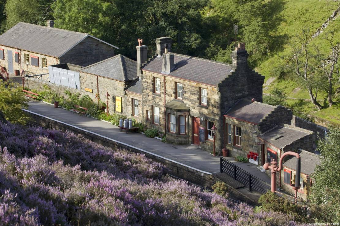 Goathland Train Station on the North Yorkshire Moors Railway in the North York Moors National Park. View from above.