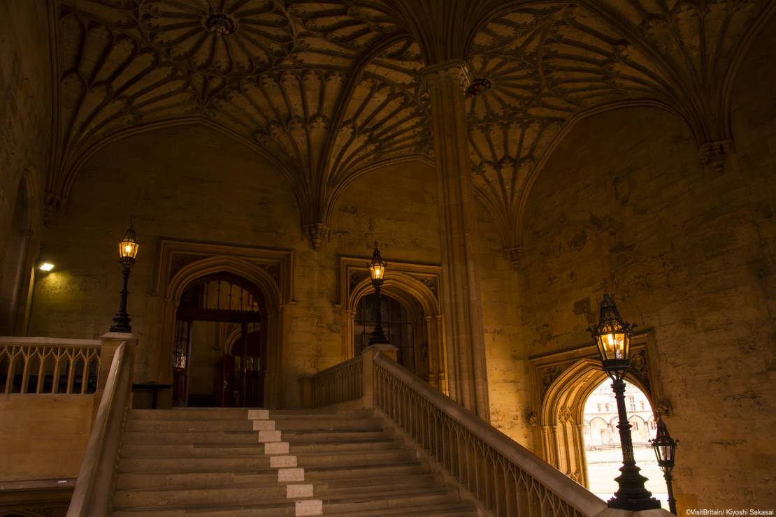 Staircase in Christ Church. The college was founded in the 16th century and is one of the major Oxford university colleges.