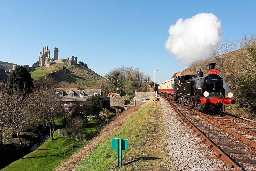 A steam train on the heritage Swanage Railway line.