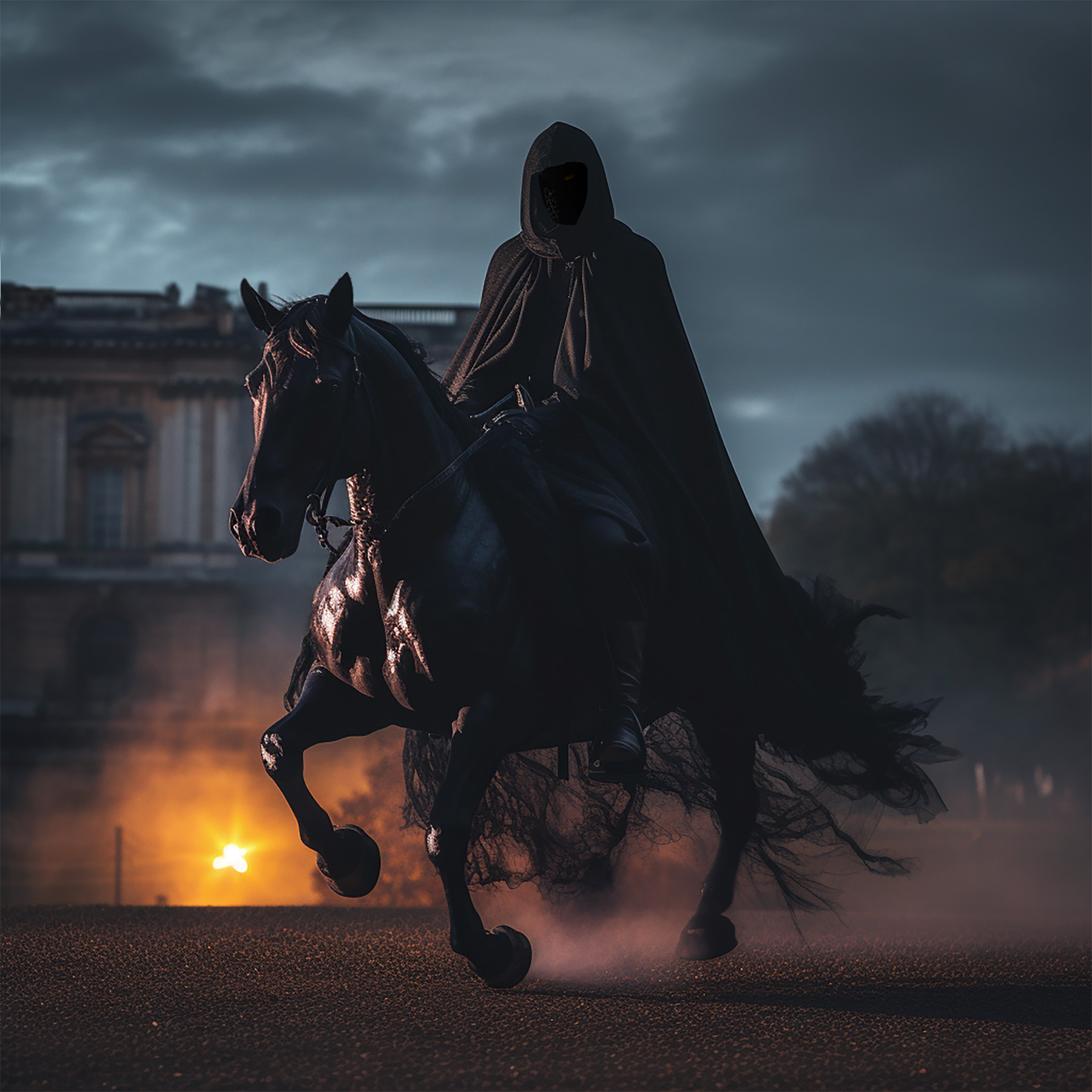 A black robed faceless figure atop a black horse gallops across the front of a stately home at dusk