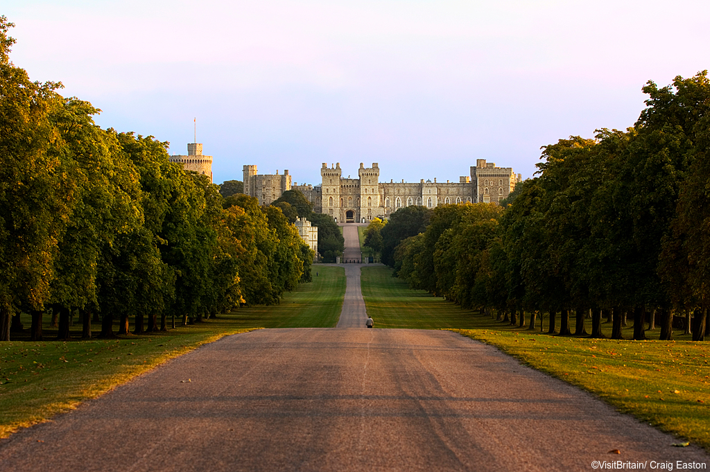 Windsor Castle is a historic royal palace and military fort, which is still one of the main homes of the British monarch. The Long Walk is a ceremonial road lined with trees overlooked by the castle on a rise above Windsor Great Park.