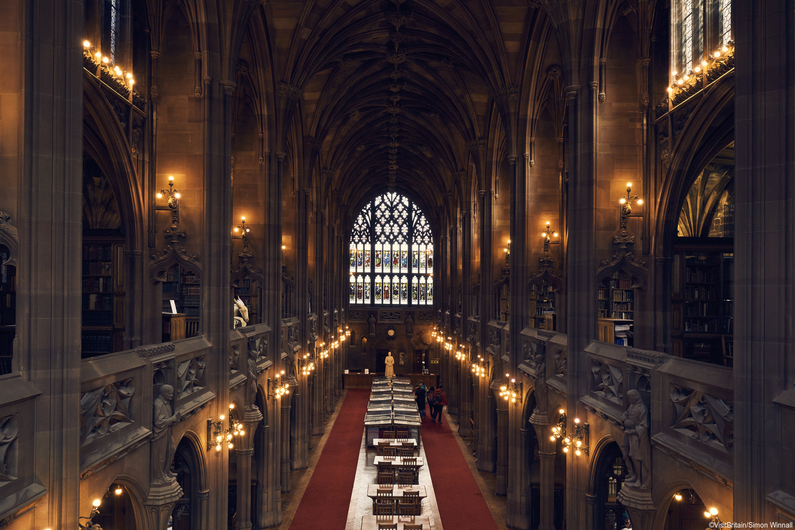 Interior view of the neo-gothic Reading Room at the John Rylands Library, University of Manchester.