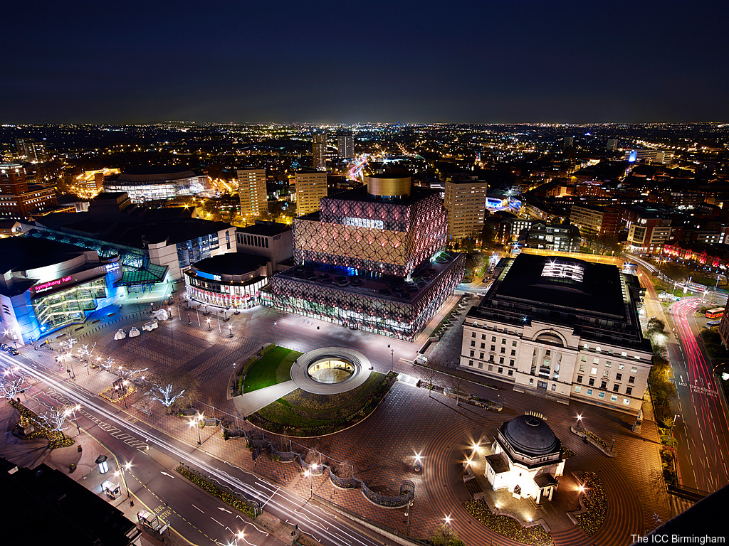 The ICC Birmingham, Panoramic view at night of Centenary Sq