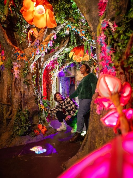 Two friends exploring an immersive rainforest themed experience room
