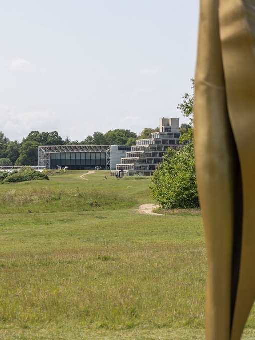 An external shot of a field with a modern building in the background
