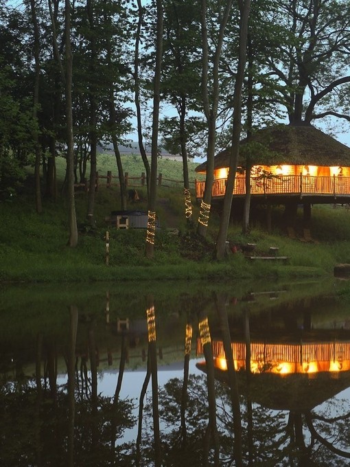 Overlooking the lake at dusk to the treehouse at Treeopia, light from within and surrounded by trees.