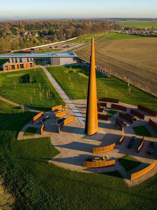 An aerial view of The Spire and the Wall of Names at the International Bomber Command Centre, a steel monument which commemorates those who lost their lives serving at Bomber Command. International Bomber Command Centre