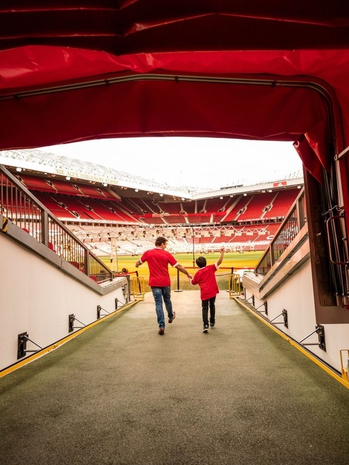 A man and boy in stadium tunnel looking out to pitch