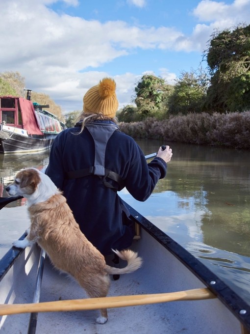 Rear view of woman and dog in a rowboat on canal