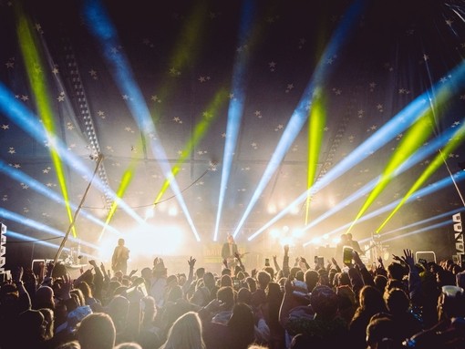 A band performing on stage at Rattler Festival in Cornwall