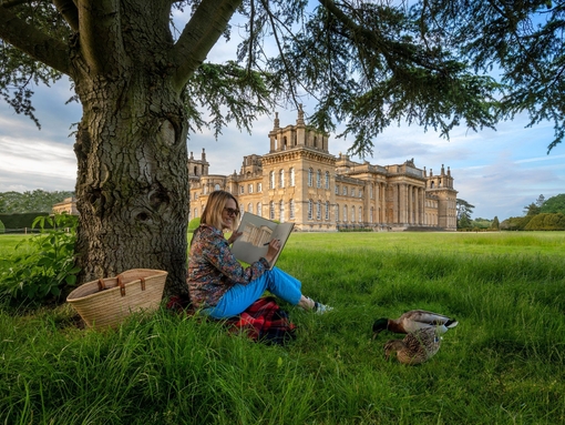 Woman sat under a tree sketching in the grounds of a large country estate
