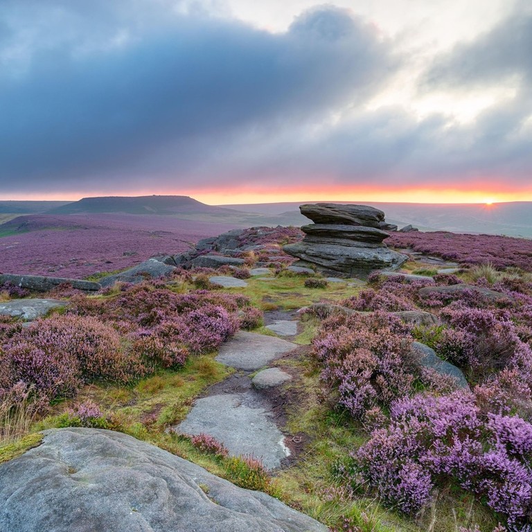 View across a moor towards the horizon at sunrise with purple heather and boulders in the foreground