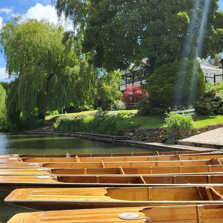 Rows of kayaks lined up on the shore at Bath Boating Station