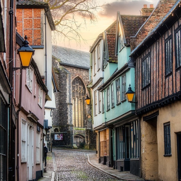 An uphill look of Elm Hill in Norwich