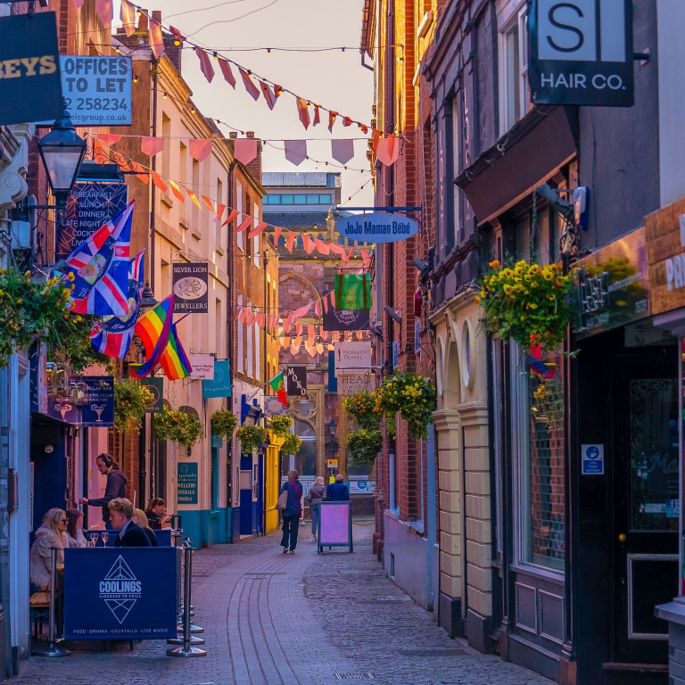A view down a shopping street in a city