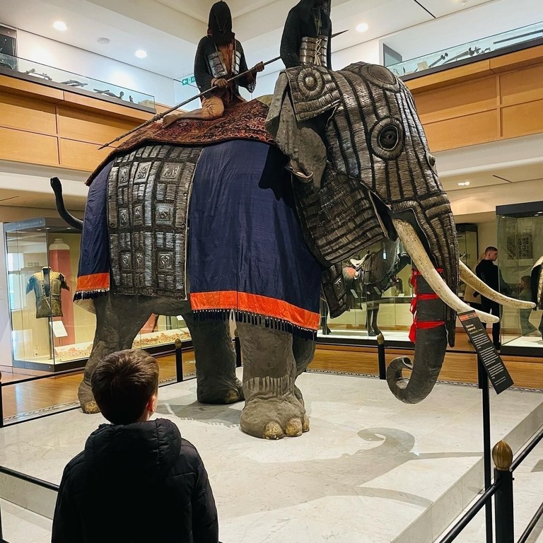 A set of elephant armor on display at the Royal Armouries Museum in Leeds