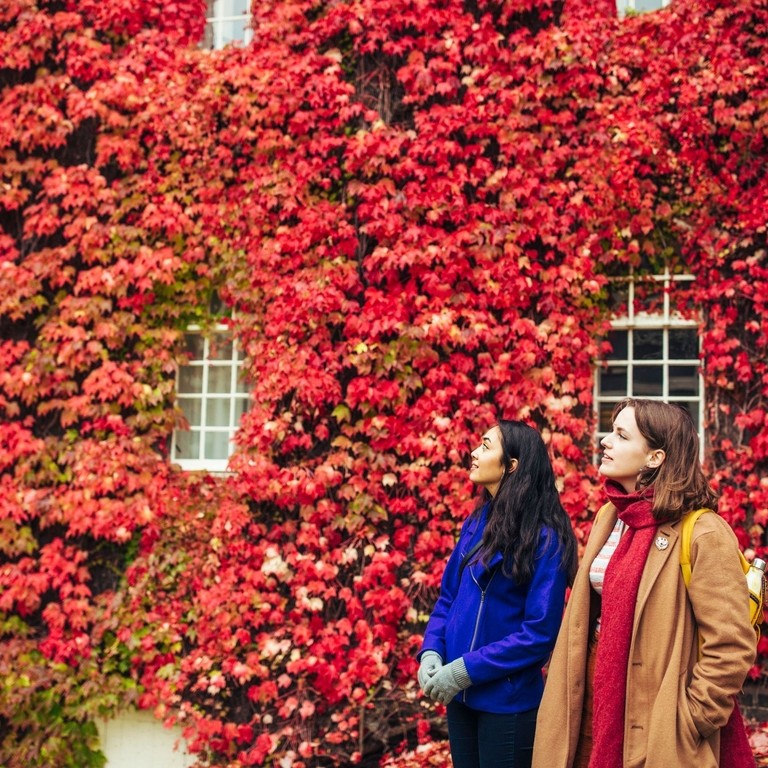 Two women in front of ivy covered wal