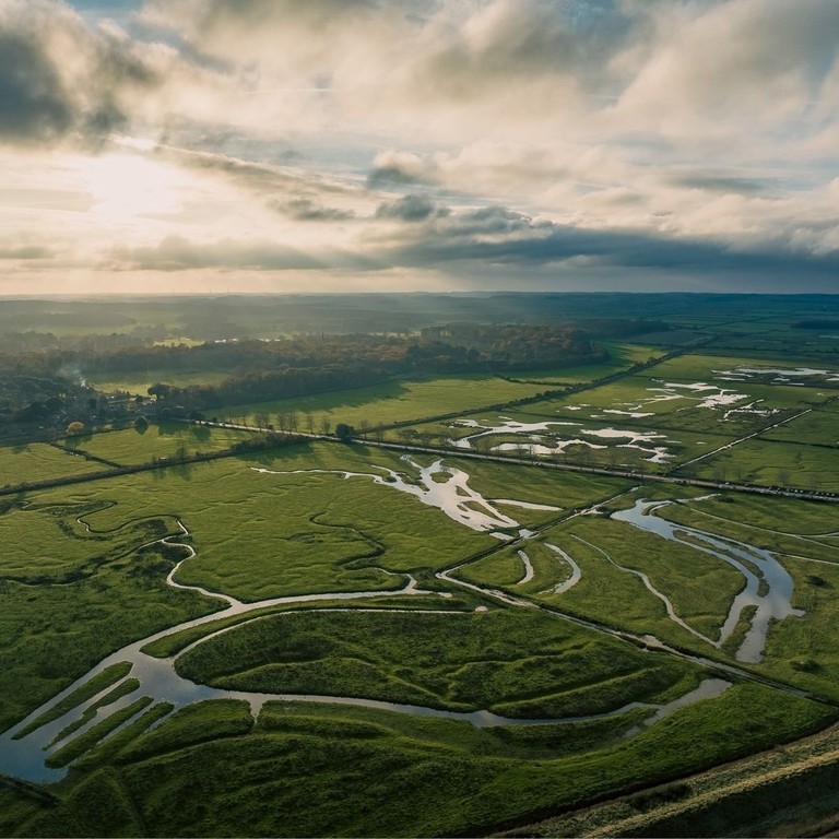 An overhead view of various canals making up part of the Broads National Park