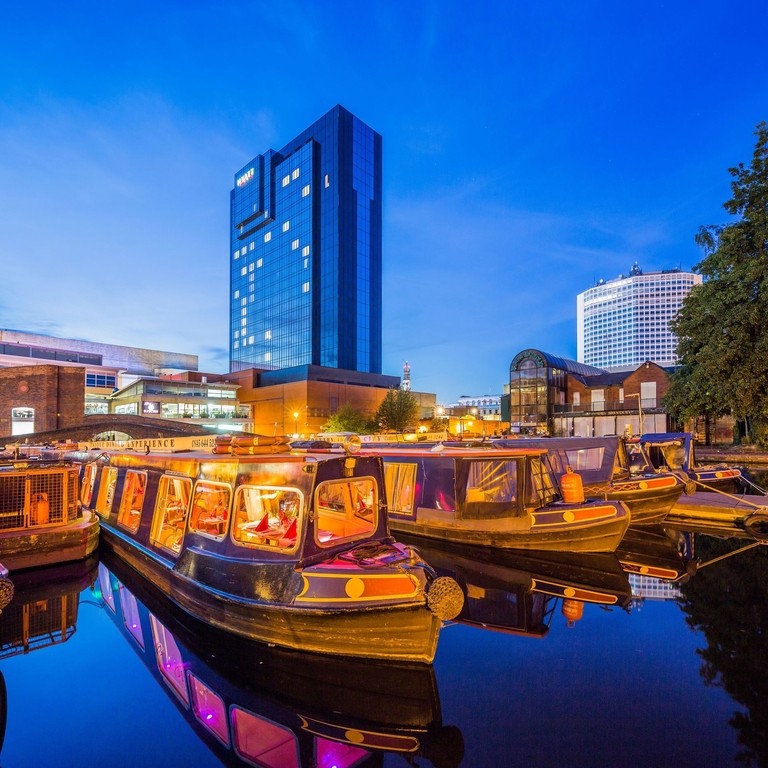 Narrowboats moored in Gas Street Basin.