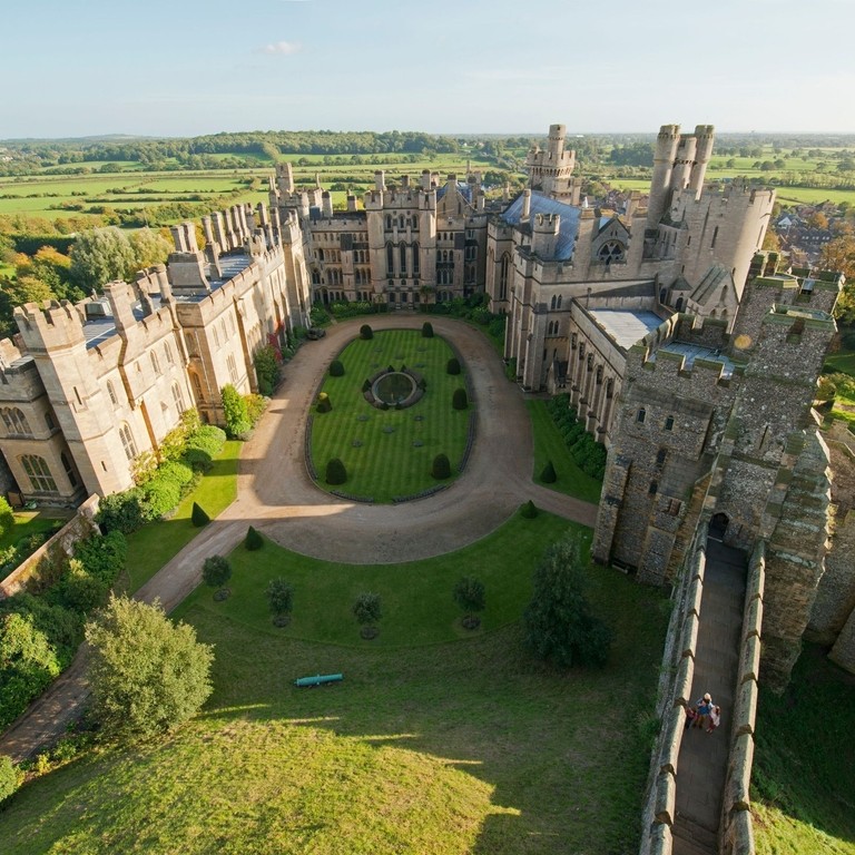 Aerial view of a castle and the countryside beyond