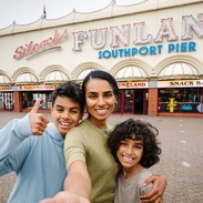 A mother and two sons stand outside an amusement park